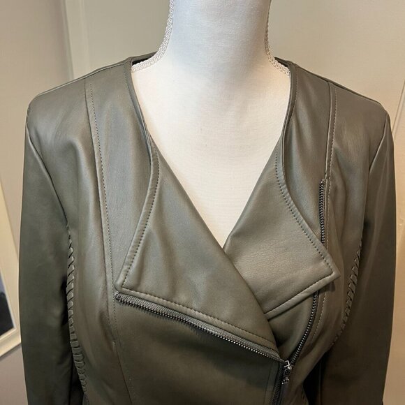 Alfani Olive Whipstitched Faux Leather Zip Up Jacket, Size Medium - Picture 4 of 16